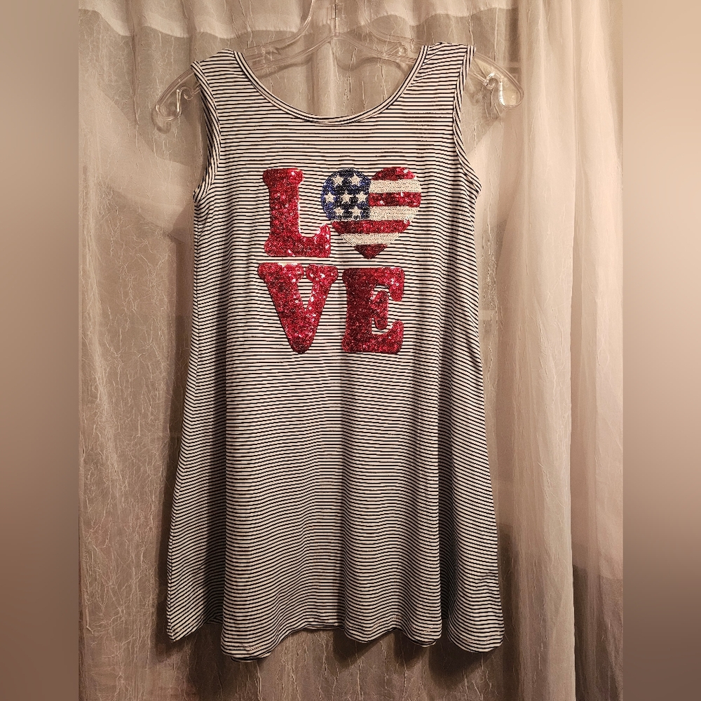 btween brand Girls Size 10 Navy and White Striped Dress with Red Sequin Detail